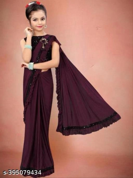 Lycra Solid Saree for Girls (Wine, 3-4 Years)